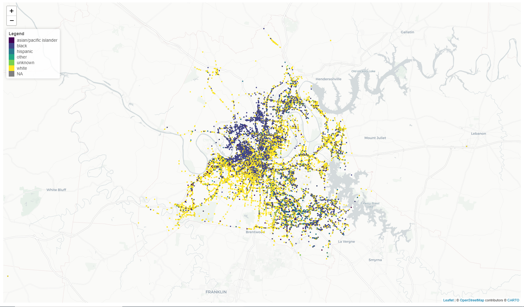 Map of Police Stops Colored by Race Over Nashville